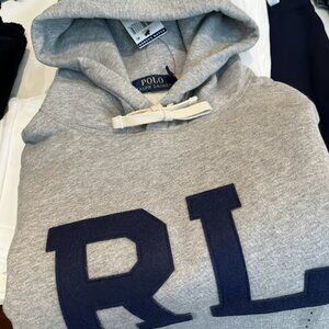 NWT Polo Ralph Lauren RL Monogram Letterman Fleece Hoodie Sweatshirt Grey